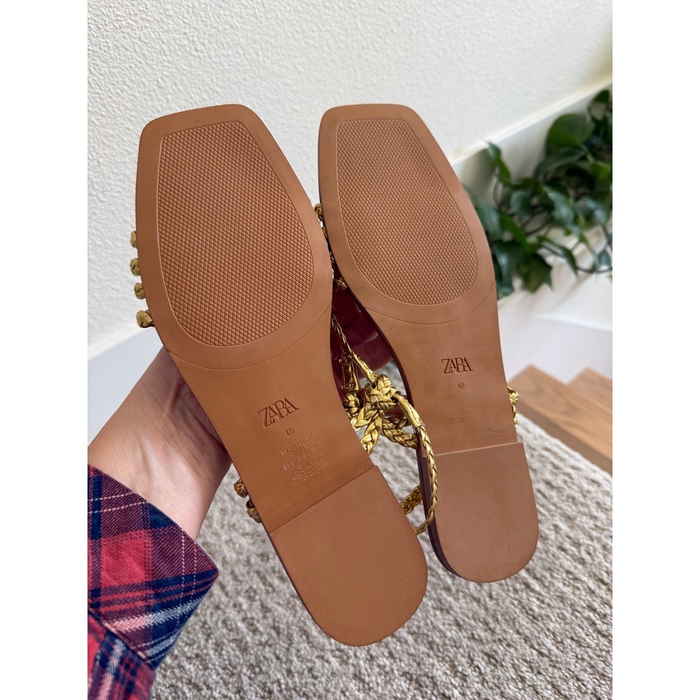NEW Zara Braided Flat Sandals 40 Gold Metallic Square Toe Strappy Knotted Chic 9 - Picture 5 of 8